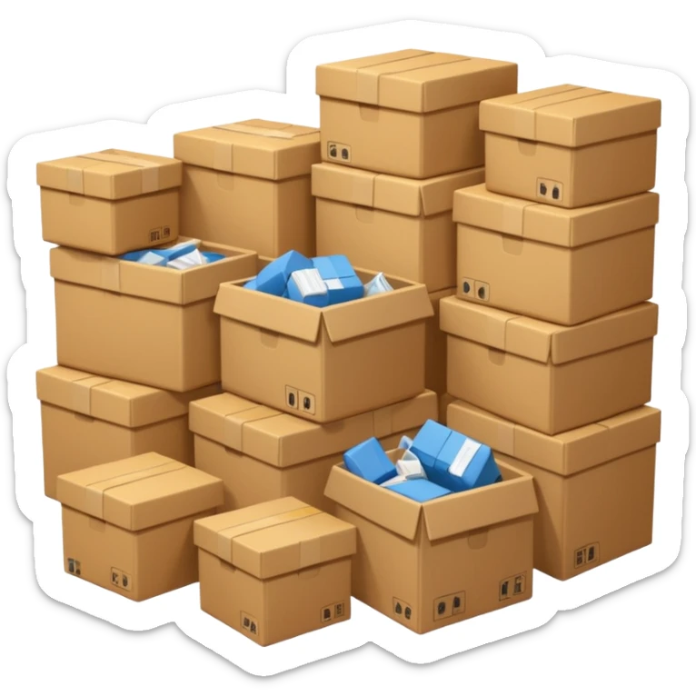Generate a realistic emoji-style of a overfilled storage room where the packages dont have much space and everything seems chaotic sticker