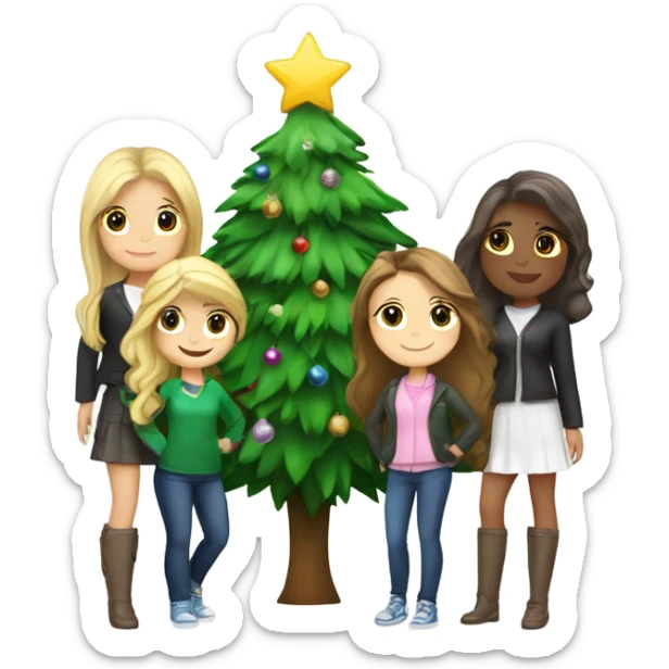A Christmas tree that says “besties “ with three girls , 2 brunettes and a Blonde next to the tree  sticker