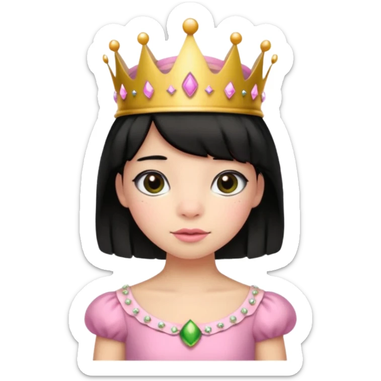 frog with black hair and short bangs with a crown pink bow and pink princess dress sticker