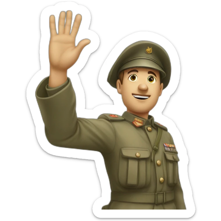 A man in a soldier suit from world war one raising their right hand vertically to around 45 degrees in the air. His arm is stretched out, not bent at all. and his face is shown sticker