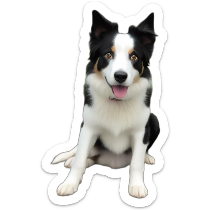 white and black dog with dark brown eyes happy  short hair mixed breed as border collie 2 years old with sticker