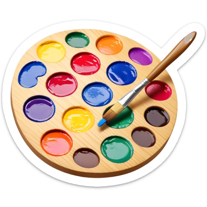 Cinematic Realistic image of a vibrant paint palette and brush, featuring a wooden palette smeared with an array of richly blended colors and a finely detailed brush with soft, delicate bristles, set against a softly textured background that evokes artistic inspiration sticker