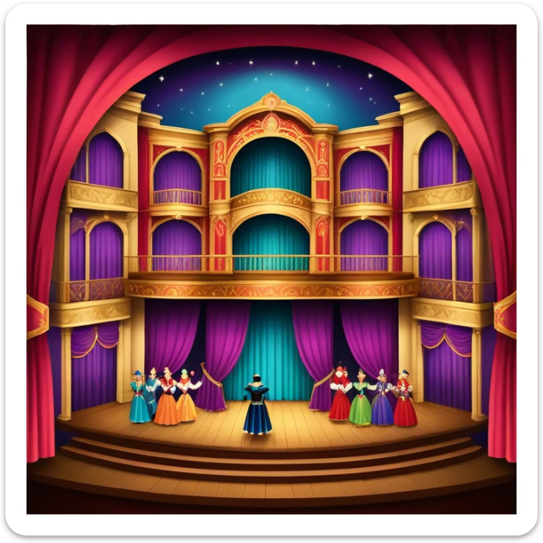 An icon showing a grand theater stage with actors performing in a vibrant play, surrounded by dramatic lighting. The audience watches from colorful balconies, adding to the lively atmosphere. The design captures the magic of live theater, set against a transparent background. sticker