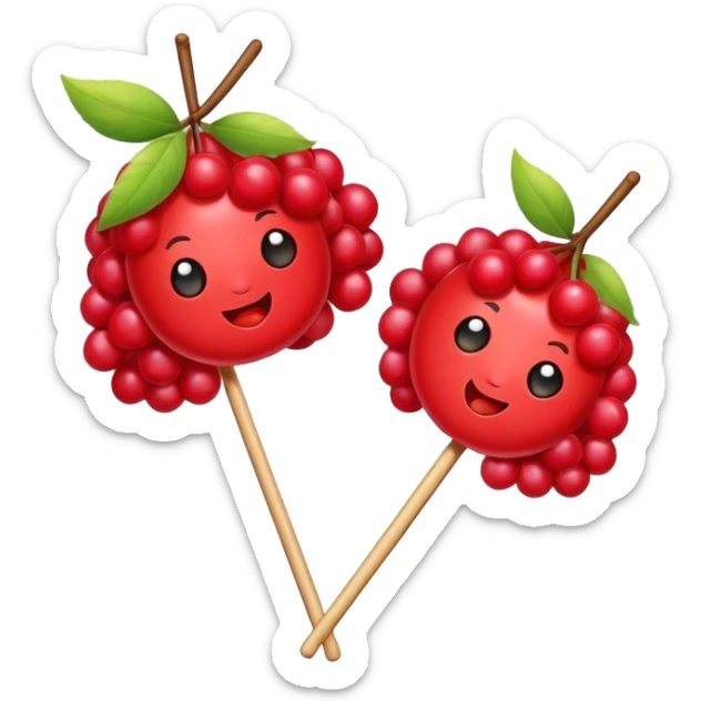 Sugar coated Chinese haws fruits crispy red snack, simplified emoji style with bold outlines and bright colors, cartoon style bingtang hulu on stick sticker