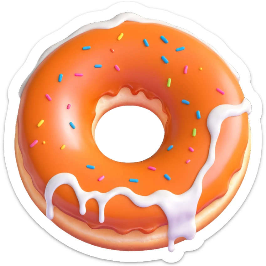 Make the donut's face look exhausted (not sad), and have the white creme dripping out of the donut hole. Keep the 3D emoji style, preserve transparency. sticker