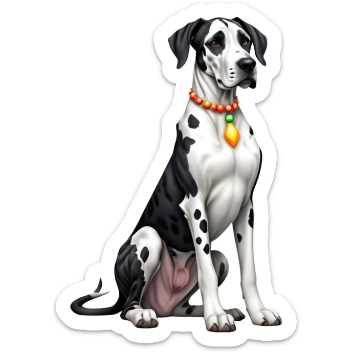 cinematic-[harlequin great dane]-realistic-full-body-sitting-emoji,-tail-resting-loosely-beside-its-paws,-head-tilted-dramatically, ears drooped, -sleek-[black and white]-fur,-simplified-yet-realistic-focused-features,-highly-detailed,-glowing-with-an-almost-sarcastic-glow sticker
