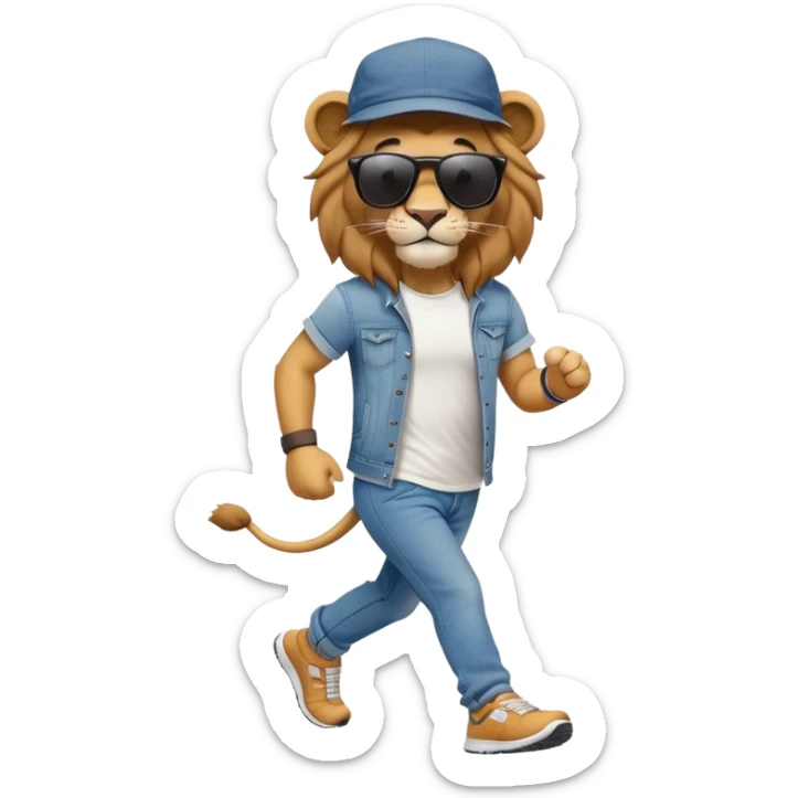 friendly anthropomorphised lion in jeans and a t-shirt, wearing dark sunglasses and a hat, jogging upright in standard pose sticker