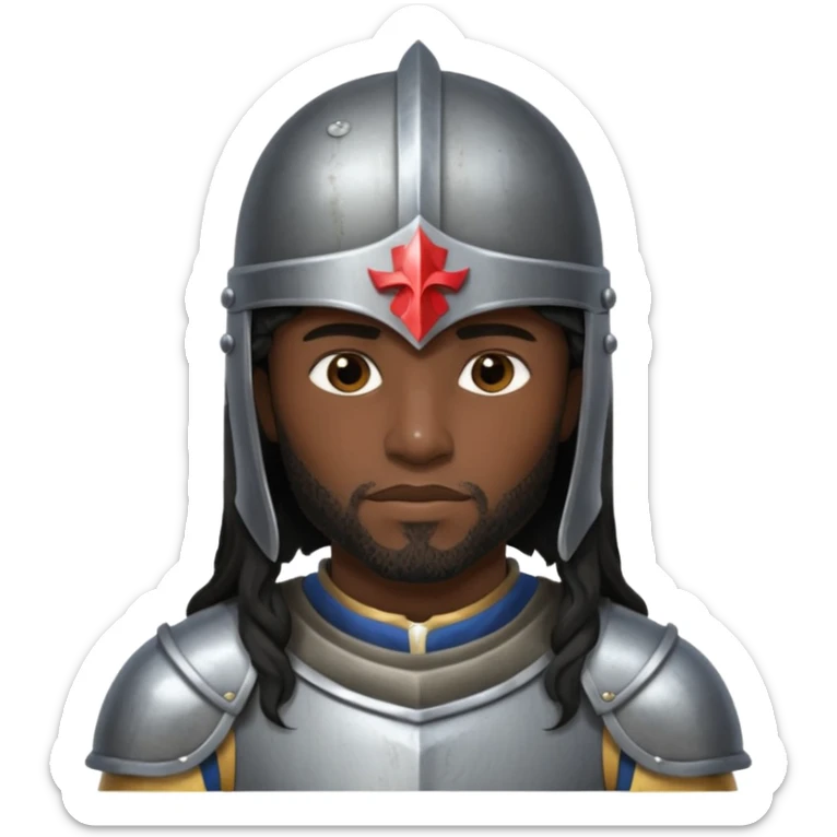 A black male with long black rough hair wearing a knight helmet sticker