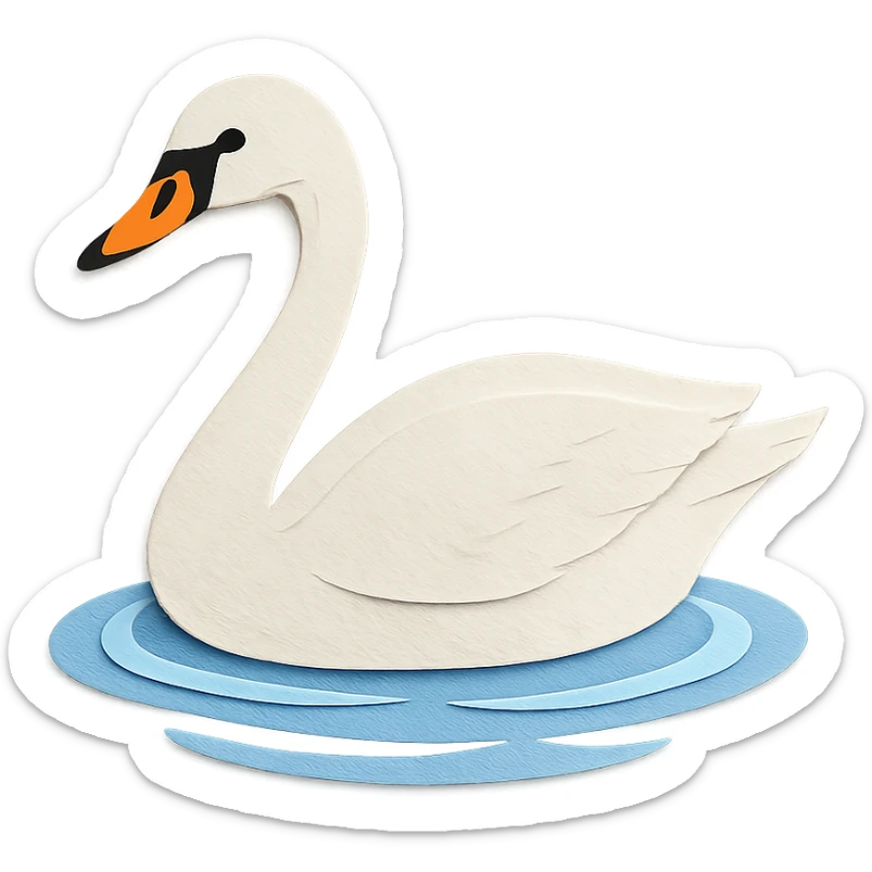 tundra swan in water, paper craft style, multiple visible paper layers, elegant neck curve, white plumage, gentle blue ripples sticker