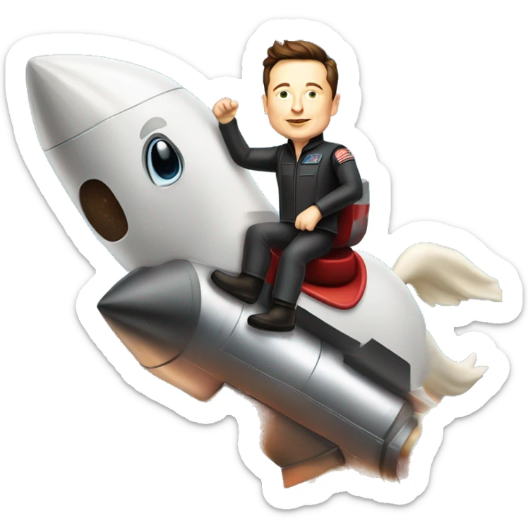 Elon Musk riding on top of a flying space rocket like a horse sticker