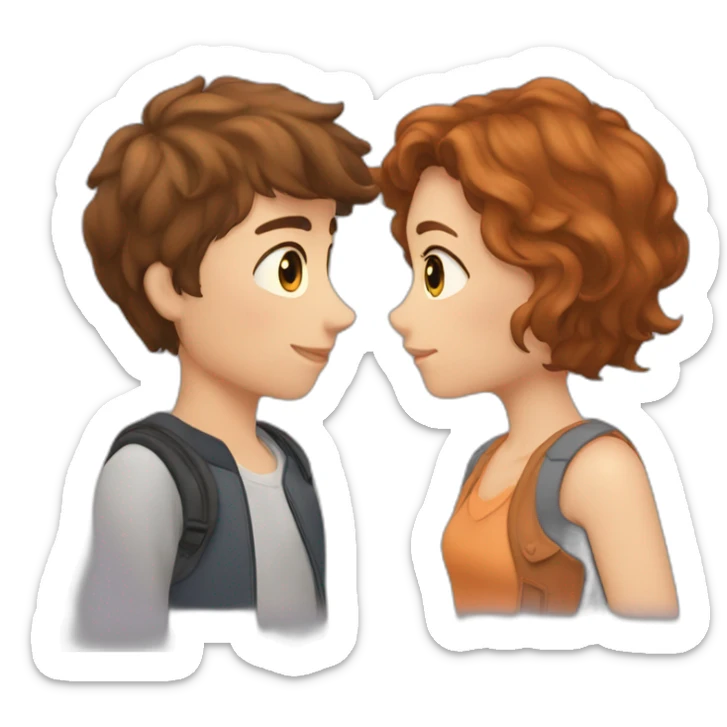 a auburn short haired boy and brown long haired girl kissed sticker