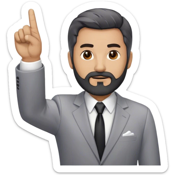 Emoji-style cartoon man, 50s, black beard with gray streaks and white, wearing a business suit. Raises right index finger upward (↑) to signal 'attention!' Looks Дмитрий Шумейко sticker