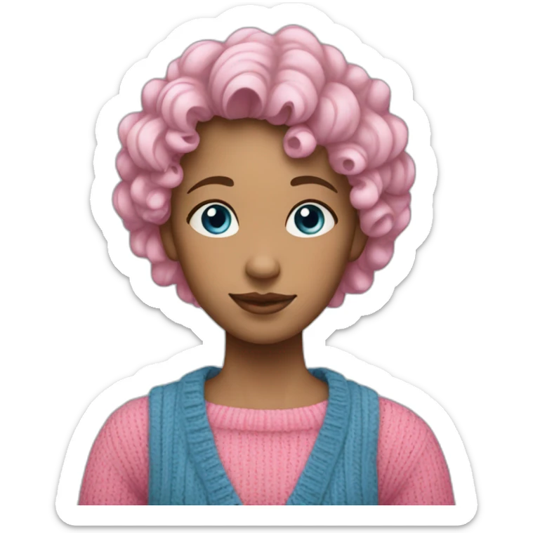 A girl, with curly blue hair, blue eyes, wearing a pink sweater. sticker