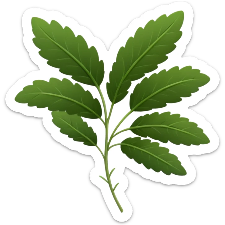 fresh thyme sprig, thin woody stems, clusters of small deep green oval leaves, dense and paired, crisp and delicate, aromatic, soft lighting, emoji scale sticker