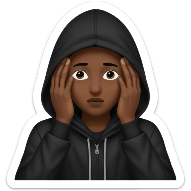 🥷🏽: inspire toi de cet emoji faisant en sorte qu’il est les mains sur ses yeux et garde sa cagoule noir avec uniquement ses yeux apparent sticker