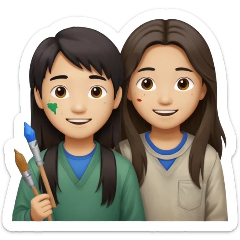 Happy Asian boy with long hair and girl messy painters sticker