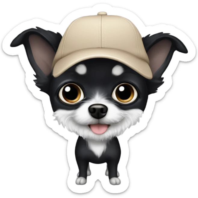 Old man with blue eyes goatee beard ball cap holding cute black long fur Chihuahua sticker