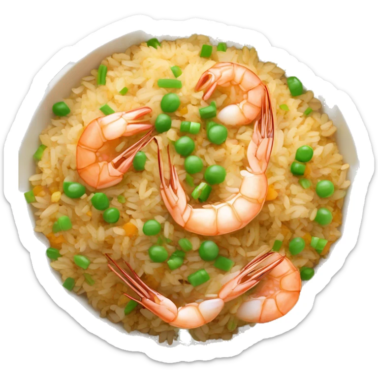 a bowl of gold prawn egg fried rice garnished with sliced garlic and spring onions sticker