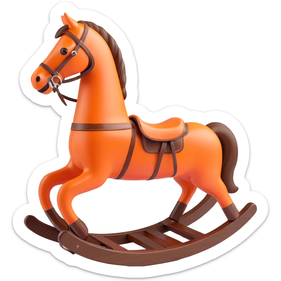 rocking horse, 3D, dark walnut wood, vintage style, Hermès orange leather trim, no text sticker