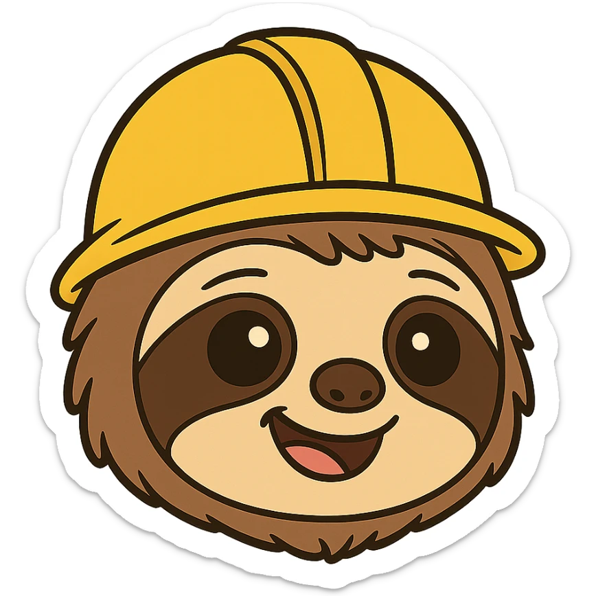 baby sloth face with a yellow construction helmet, no body, 2D cartoon style sticker