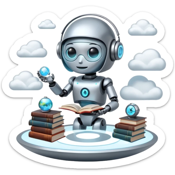 “A futuristic library floating in the clouds, filled with glowing books and holographic screens, with a friendly robot librarian.” sticker