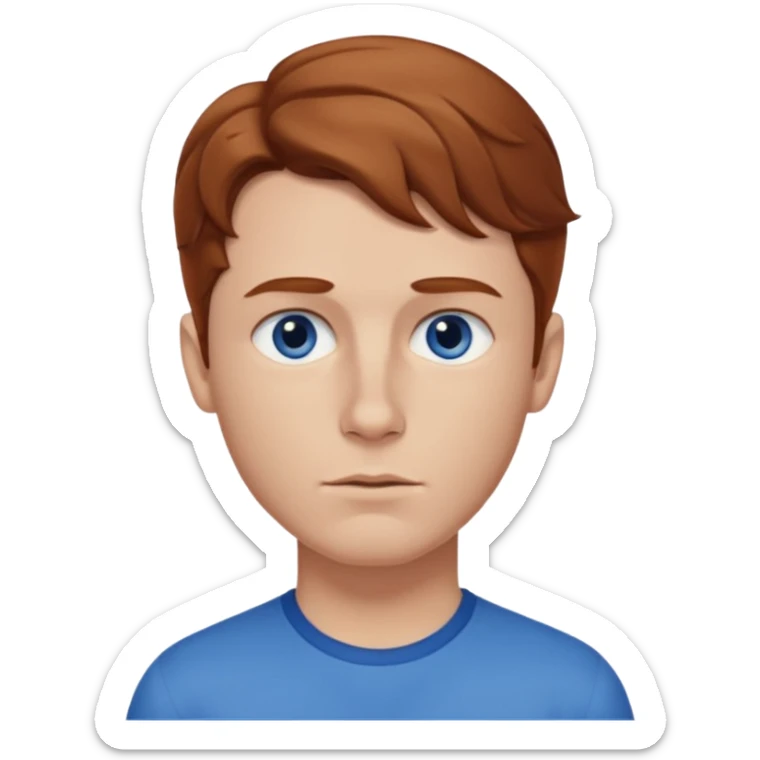 Please generate a portrait of a boy. He has light brown to reddish-brown wavy hair, a right side parting, slightly longer sideburns, blue eyes, a snub nose, and a somewhat pronounced pout. sticker