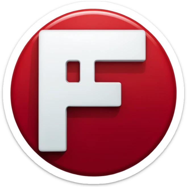 a white color letter F in surrounded with a circle deep red circle, the whole combination has a liquid texture to it and is giving the mackintosh vibes, the font was a bold modern one sticker