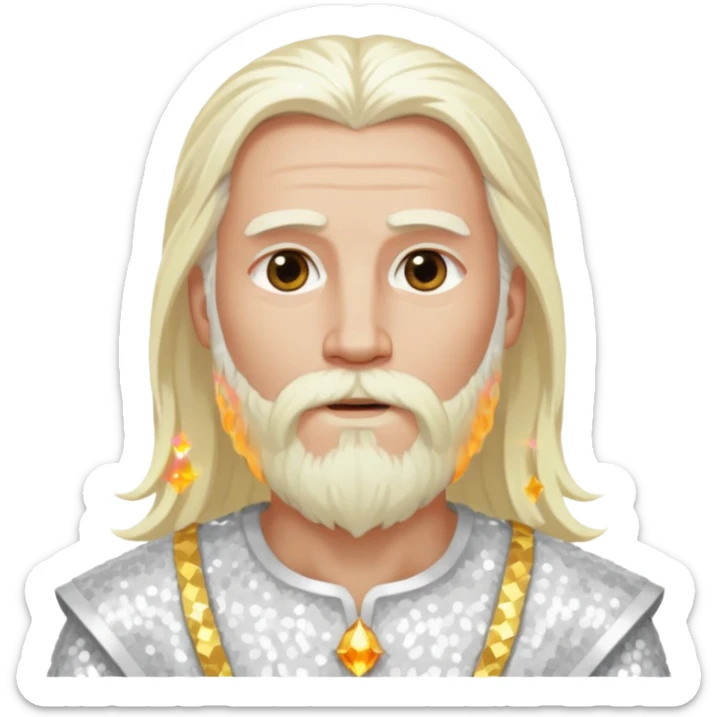 Baldr, God of Light with long white blonde hair and beard, white sequin outfit sticker