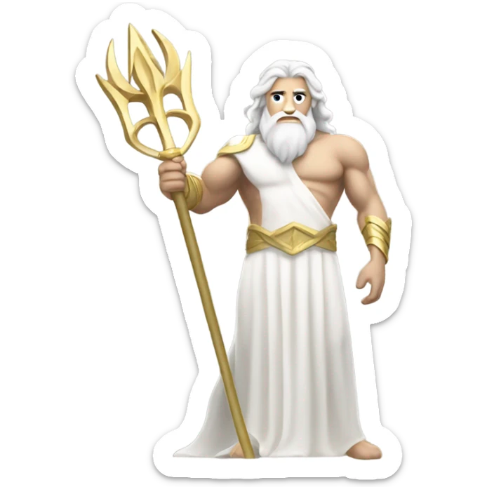 white Poseidon with gold Trident. long white hair white dress. show biceps muscle sticker