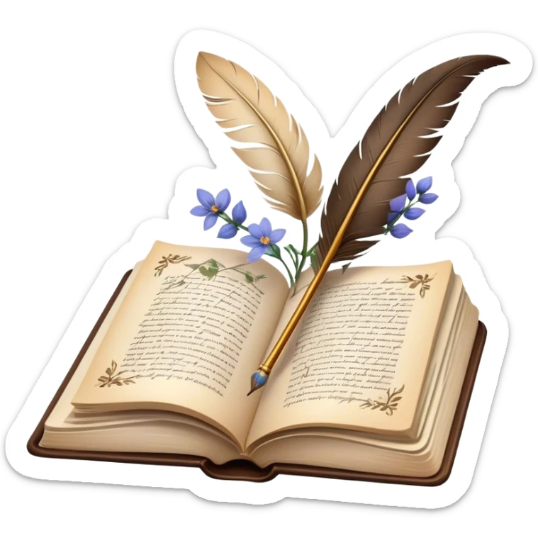 Icon for Poetry Reading: an open book with flowing verses on the pages, surrounded by a quill, ink bottle, and delicate flowers. The icon should evoke the beauty and emotion of poetry. Transparent background. sticker