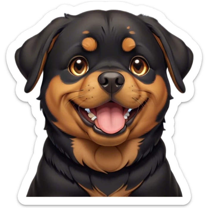 Cinematic Cute Yawning Rottweiler Portrait Emoji, Head tilted slightly with a dramatic, wide-open yawn, showcasing a sleek black coat with prominent tan markings, floppy ears slightly drooping, round brown eyes barely open in drowsy contentment, Simplified yet irresistibly adorable features, highly detailed, glowing with a soft, cozy glow, high shine, relaxed yet expressive, stylized with a touch of whimsy, bright and endearing, soft glowing outline, capturing the essence of a sleepy yet affectionate guardian, so drowsy it feels like it could stretch out of the screen and curl up for a nap! sticker