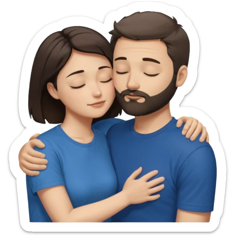 draw a man and a woman hugging each other passionately. looking toward each other. woman has short hair. man has short hair and beard. draw them with closed eyes. woman has dark brown hair. and man has light brown. make them both wearing t shirts. make man hold the woman from her cheeks. sticker