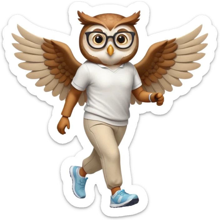 friendly anthropomorphised owl with wings instead of arms, in pants and a shirt, wearing glasses, jogging upright, relaxed pose sticker
