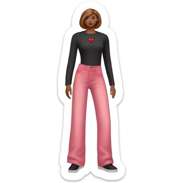 Realistic long Wide leg high waisted pink jeans with small red heart print, isolated sticker