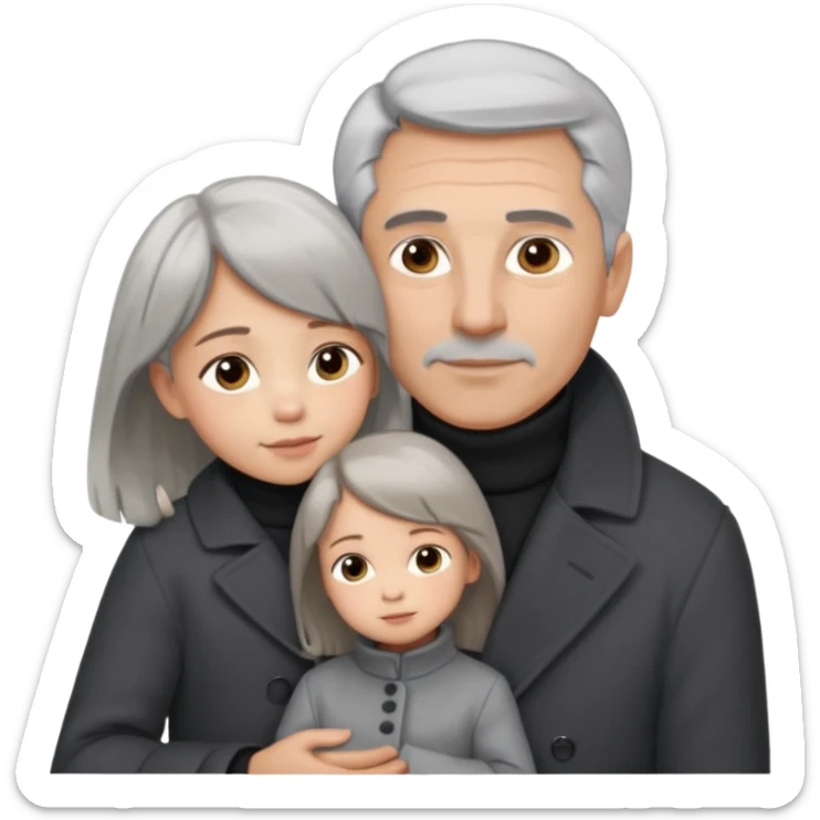 A father with silver-grey hair styled neatly and a clean-shaven face, wearing a dark turtleneck and wool coat, holding his girl child gently. The child has light brown hair and a soft white dress. Warm cinematic lighting, emotional close-up. sticker