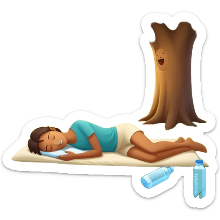 A glowing person stands in morning sunlight, breathing deeply on fresh grass. At their feet: a plate of whole foods, a water bottle, and supplements. Nearby, friends laugh under a tree, and a cozy bed glows in the background—symbolizing sleep, movement, nutrients, connection, and light. sticker
