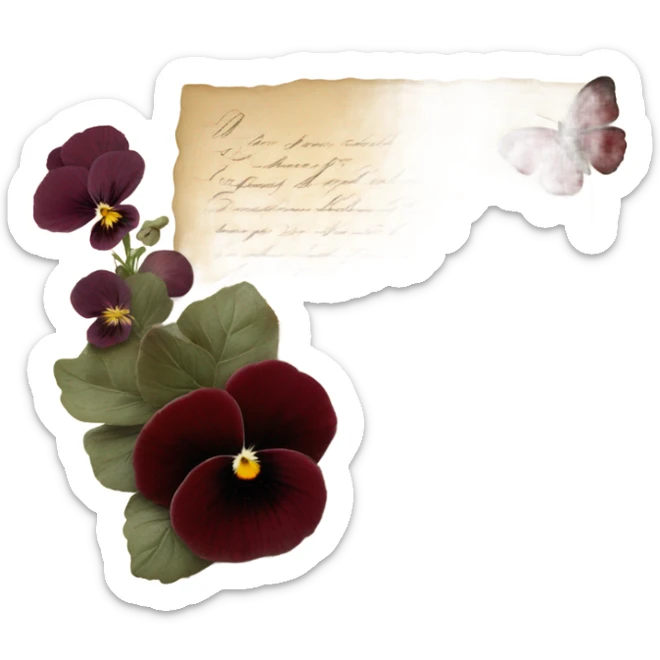 A vintage love letter with deep red pansies and a burgundy wax-sealed envelope
 sticker