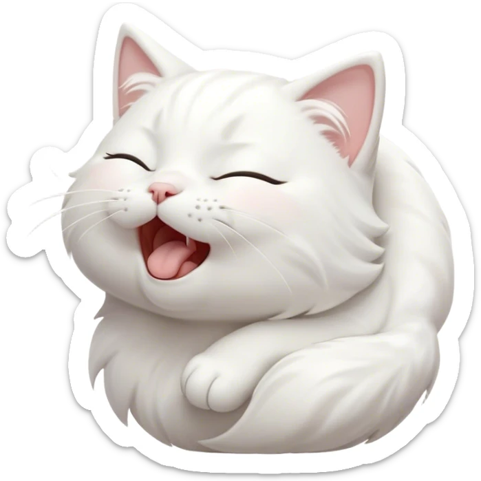 Cinematic Cute Yawning White Cat Portrait Emoji, Head gently tilted with an endearing, wide-open yawn and softly closed eyes, showcasing a pristine white fur with delicate hints of silver, simplified yet irresistibly adorable, highly detailed, glowing with a tender, cozy radiance, high shine, exuding sleepy charm and gentle affection, styled with a soft glowing outline, capturing the essence of a white cat caught mid-yawn, radiating pure, adorable lethargy! sticker