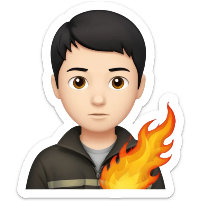 An Emoji of boy with short black hair, who can be described by three words: risk-taker, fire, realist sticker