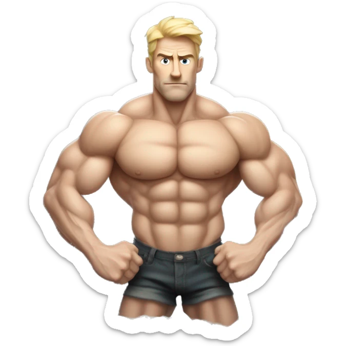 A very very very hyper-muscular white man with veins prominently visible across his arms and chest. The individual has an exaggerated physique, with massive arms crossed over a well-defined six-pack, creating a surreal and intense visual. sticker