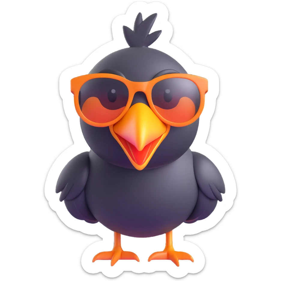 Make the bird emoji more emoji-like with a smooth, shiny 3D look, vibrant colors, and an expressive face. Keep the same pose, orange beak, and round sunglasses. Bird with a big smile. No background. Style should match modern emoji aesthetics. sticker