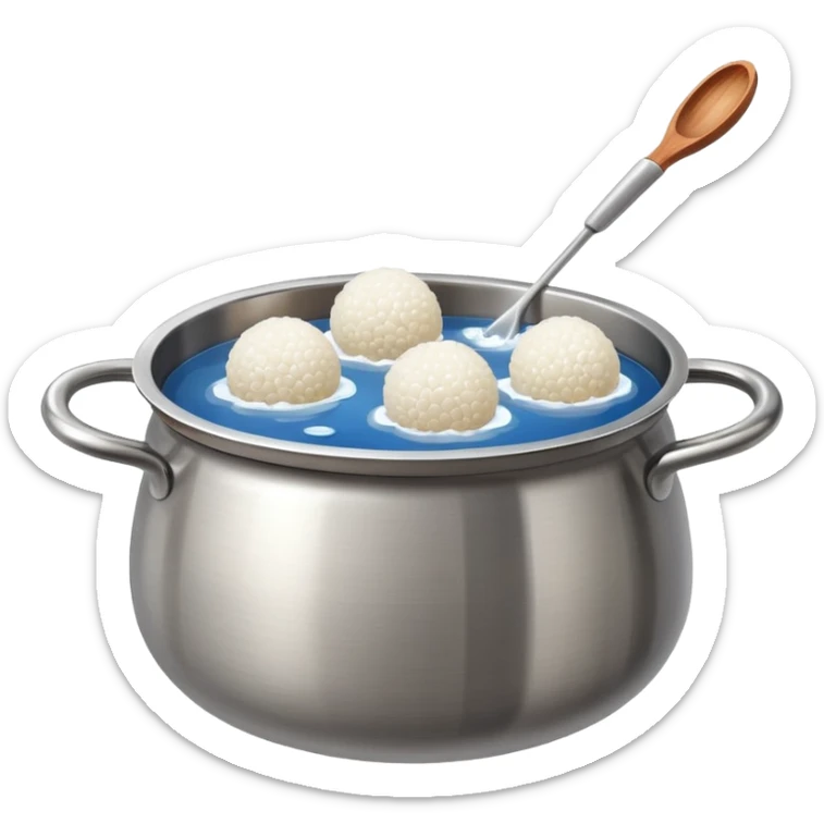stainless steel pot with boiling clear water and floating glutinous rice balls sticker