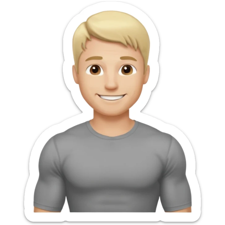 fais le meme blond, tee shirt gris mais musclé et fin qui sourie et ça s'arrête à la taille sticker