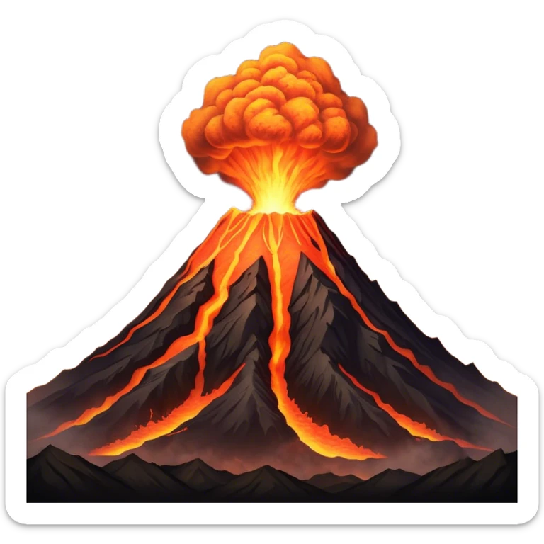 Cinematic Realistic Volcano Emoji, Powerful and awe-inspiring, with molten lava flowing from its jagged, smoking peak, casting an orange glow in the surrounding darkness. The landscape around it is barren and rocky, with clouds of ash rising into the sky. Soft glowing outline, capturing the essence of raw power and fiery energy in a towering volcano. sticker