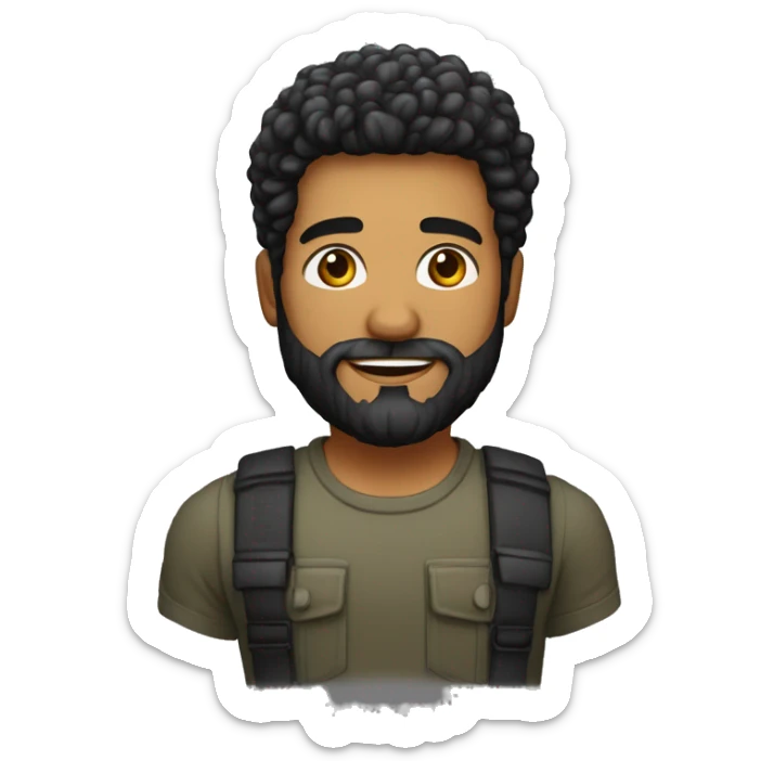 Homem sem cabelo, moreno, com barba estilo lenhador, olhos castanhos escuros vestimdo terno preto sticker