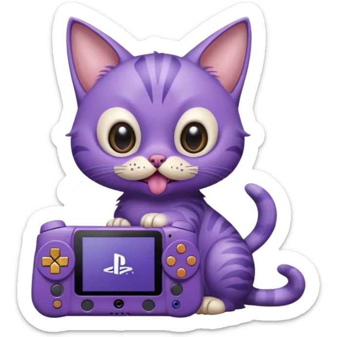 purple cat with huge eyes smelly lines and their massive brown tongue out also a playstation next to it and an ostrich on its back realistic sticker