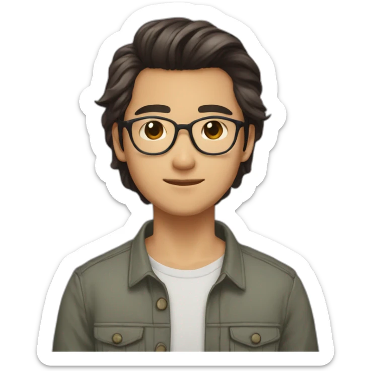 young vietnamese guy brown mid long hair with parting mid long in the middle turtletoise glasses and a beard and light brown skin with beard sticker