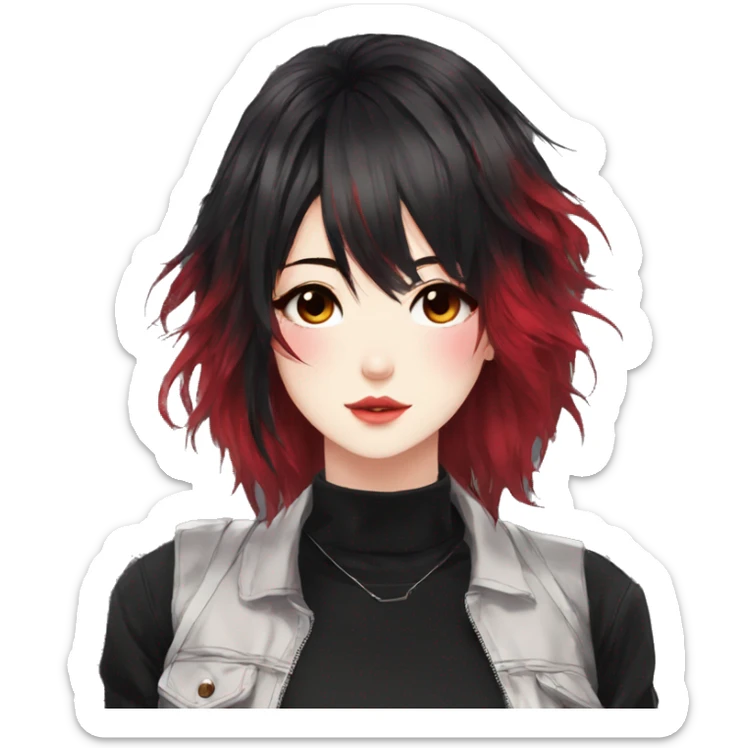 Gorgeous anime style lady with blushing face aesthetic and pretty edgy black red punk hair with hair garment trending style sticker