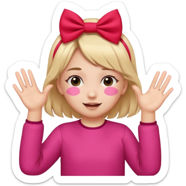 👧🏼🙈🎀🚩: girl with 2 ponytails covering her eyes with both hands, with a cute little pink bow on the side of her hair and below her in the background, 2 big red flags.  sticker