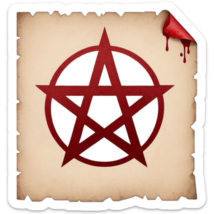 Minimalist emoji-style sticker of a blank torn contract with a pentagram stamp and drop of muted red ink. Gothic feel, flat design.
 sticker
